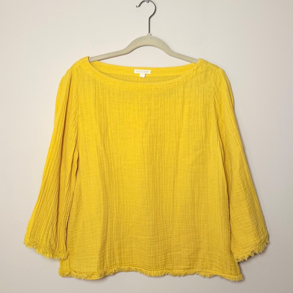 Women's Eileen Fisher 100% Organic Cotton Mustard Yellow Long Sleeve Blouse SZ S
